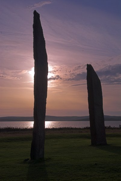 The Stones of Stenness, looking towards the sunset over Loch of Stenness.