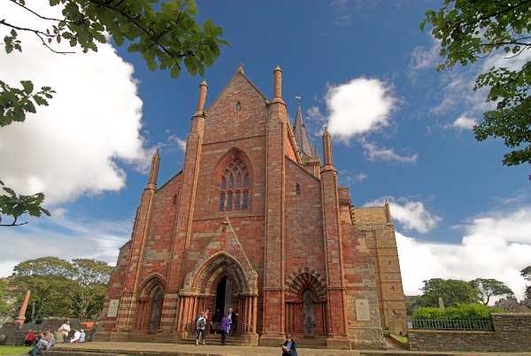 The west front of St Magnus Cathedral, facing onto the High Street in Kirkwall.